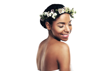 Beauty, smile and flower crown with a natural black woman isolated on transparent background....