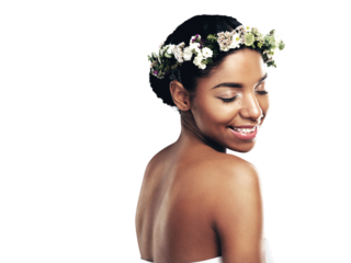 Beauty, smile and flower crown with a natural black woman isolated on transparent background. Skincare, wellness and wreath with a happy young model on PNG for health, sustainability or cosmetics