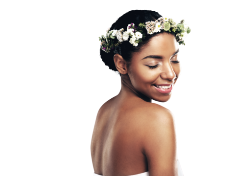 Beauty, smile and flower crown with a natural black woman isolated on transparent background. Skincare, wellness and wreath with a happy young model on PNG for health, sustainability or cosmetics