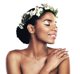 Skincare, smile and flower crown for wellness with a black woman isolated on transparent...