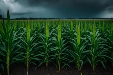 Heavy rain over green corn plants in field on grey day  