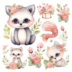 Watercolor clipart set with sweet baby animal characters