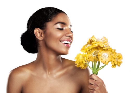Happy woman, yellow flowers and natural skincare, eco friendly beauty or isolated on transparent png background. African person, cosmetics and smile or daisy plant for grooming, glow of floral facial