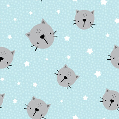 cute kitten hand drawn face in the blue sky with kawaii stars and polka dot texture background, kids seamless pattern for boy and girl, fabric and textile design
