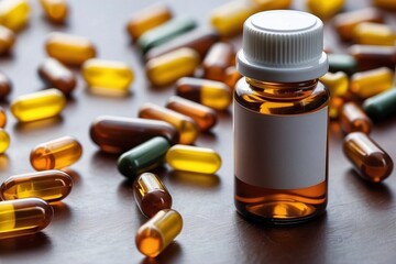 Medicine pills around the bottle on a table, generative AI