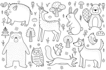 Cute forest animals black and white set. Woodland characters collection in outline for kids and baby design. Great for coloring page. Vector illustration - 678998349