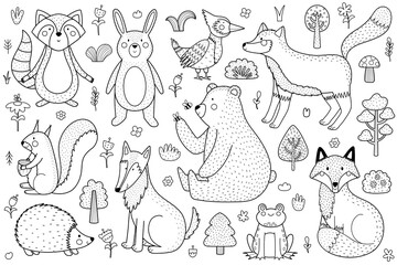 Cute forest animals black and white collection. Woodland characters set in outline for kids and baby design. Great for coloring book, prints. Vector illustration