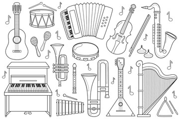 Musical instruments black and white set. Collection with doodle music elements in outline. Great for coloring page. Vector illustration - 678998357