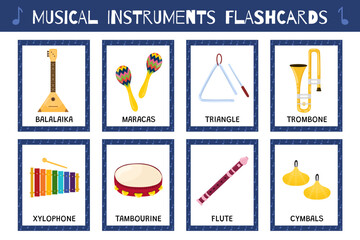 Musical instruments flashcards collection. Flash cards collection for school and preschool. Learning material for kids. Vector illustration