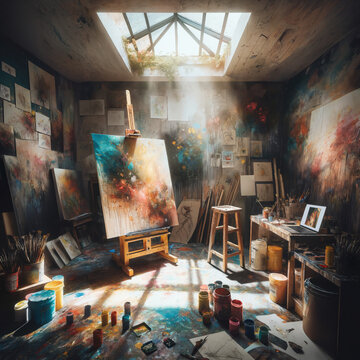 A photograph of an artist's studio with paint-splattered walls and a canvas in progress under a skylight. The room is filled with art supplies