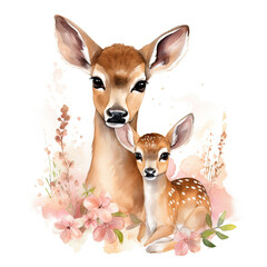Cute mom and baby deer with flower Illustration, Generative Ai