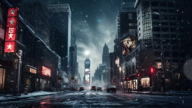 winter in the city with christmas lights. Seamless looping video background animation,cartoon style. Generated with AI