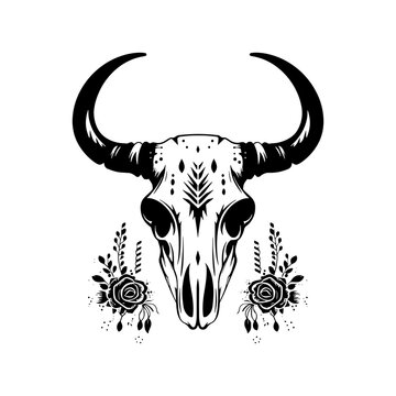 bull buffalo cow skull vector illustration for tattoo, printing on t-shirts, posters and other items. animal skeleton drawing. wildlife tattoo symbol design.