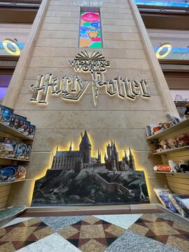 Wizarding World  Harry Potter. Fantasy media franchise and shared fictional universe centred on Harry Potter novel series by J. K. Rowling. Children's World, Detsky Mir mall. Russian children's retail