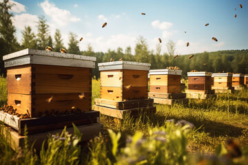 Bee apiary in open space. Generative AI - obrazy, fototapety, plakaty
