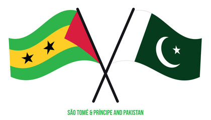 Sao Tome and Pakistan Flags Crossed And Waving Flat Style. Official Proportion. Correct Colors.