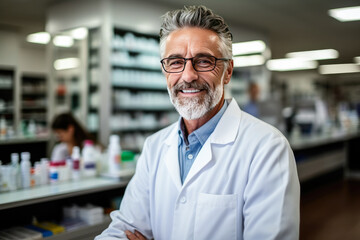 Fototapeta na wymiar Portrait, man and pharmacist with arms crossed in pharmacy or drugstore. Healthcare, wellness and happy, proud and confident smile of male medical professional, expert or doctor from Canada in shop.