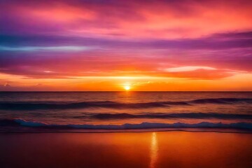 Fototapeta na wymiar Photo of sunset over a calm ocean, with hues of orange, pink, and purple painting the sky