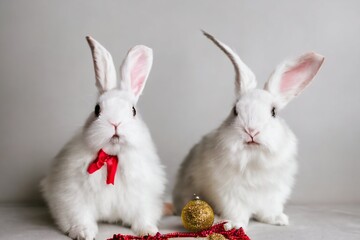 Rabbit Santa white  and Christmas tree.backgrounds  white rabbit with a red bow
