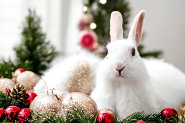 Rabbit Santa white  and Christmas tree.backgrounds 