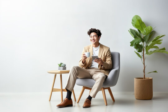 Handsome Young Asian Guy Using Cellphone, Surfing Web Or Social Media, Sitting In Armchair, Enjoying Contemporary Technologies, Checking New Mobile App Against White Studio Wall