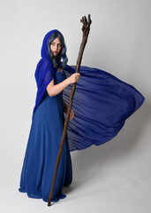 Full length portrait of beautiful female model wearing elegant fantasy blue ball gown, flowing cape...