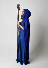 Full length portrait of beautiful female model wearing elegant fantasy blue ball gown, flowing cape...