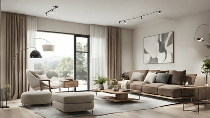 a living room with a modern minimalist design, focusing on clean lines and neutral colors.