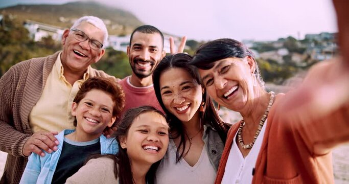 Beach, selfie and face of big family with smile on vacation, holiday or weekend trip. Happy, love and funny portrait of kids taking picture with parents and grandparents by ocean or sea on island