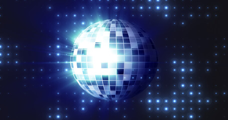 Abstract blue mirrored spinning round disco ball for discos and dances in nightclubs 80s, 90s luminous background