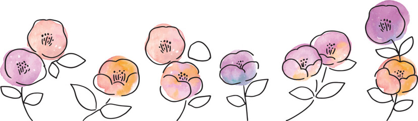 椿の花フレーム。年賀状に使える椿の和風素材。シンプルな椿の線画イラスト。Camellia flower frame. Japanese-style camellia material for New Year's cards. Simple line drawing of camellia.