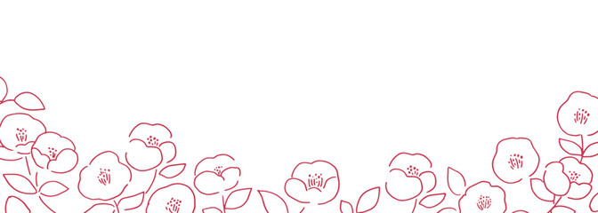 椿の花フレーム。年賀状に使える椿の和風素材。シンプルな椿の線画イラスト。Camellia flower frame. Japanese-style camellia material for New Year's cards. Simple line drawing of camellia.