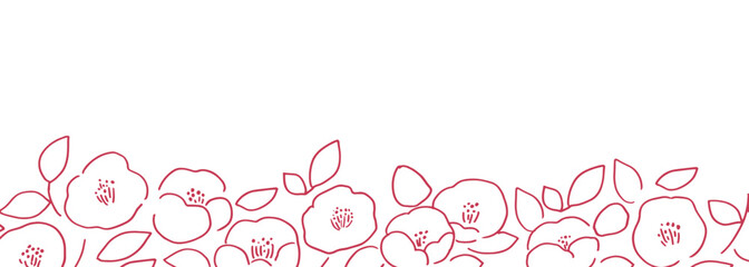 椿の花フレーム。年賀状に使える椿の和風素材。シンプルな椿の線画イラスト。Camellia flower frame. Japanese-style camellia material for New Year's cards. Simple line drawing of camellia. - obrazy, fototapety, plakaty