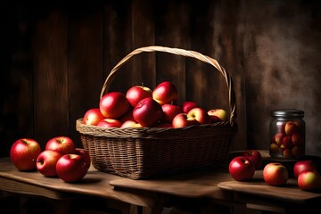 a wooden basket filled with red apples on top of a table 
