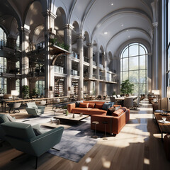 Panoramic gray open space office with columns.Generative AI.