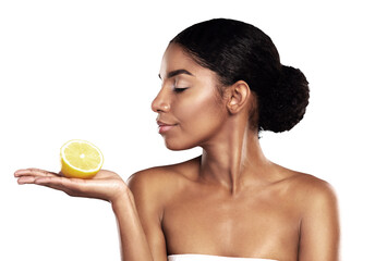 Lemon fruit, beauty and skincare of black woman with healthy nutrition, diet and organic. Young...