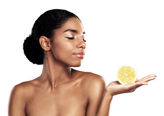 Lemon fruit, natural and skincare of black woman with healthy nutrition, diet and organic. Young...