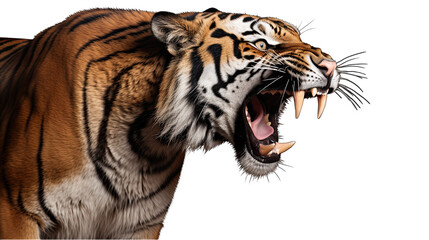 Fototapeta premium Angry Tiger Side View of Face Isolated on Transparent or White Background, PNG