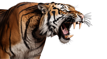Angry Tiger Side View of Face Isolated on Transparent or White Background, PNG