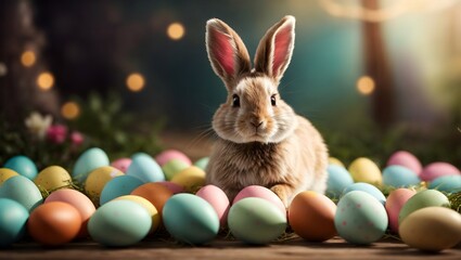 Fototapeta na wymiar Photo of a cute rabbit surrounded by a colourful field of Easter eggs created with Generative AI technology 
