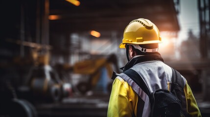 Fototapeta premium Unrecognizable engineering foreman wearing safety helmet looking to large factory construction site, architect Manager or builder inspect working with labor worker on sunny day, men at work occupation
