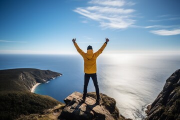 Man with arms up celebrating on top of the mountains - Hiker enjoying freedom on a hill