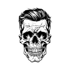 Monochrome illustration of skull with beard, mustache, hipster haircut and glasses with transparent lenses. Isolated on white background