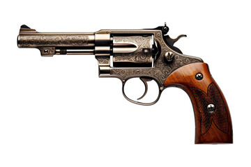 Revolver Gun Laying Flat Isolated on Transparent or White Background, PNG - obrazy, fototapety, plakaty