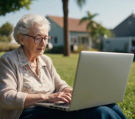 Senior Woman with White Hair Engaged in Online Activities on a Laptop at Home, Portraying Modern Elderly Lifestyle and Technology Use in Domestic Setting