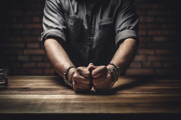 Male hands in handcuffs on wooden table. Iron chains on the hands - obrazy, fototapety, plakaty