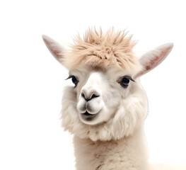 front view, portrait of cute white llama, isolated on transparent background. 