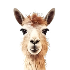 water color, front view, brown llama portrait isolated on transparent background. 