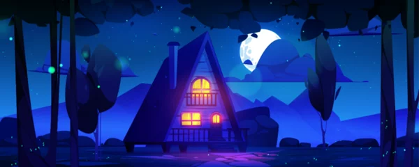 Gardinen Cartoon summer night landscape with wooden house © klyaksun