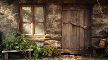 A stone building with a wooden door and window